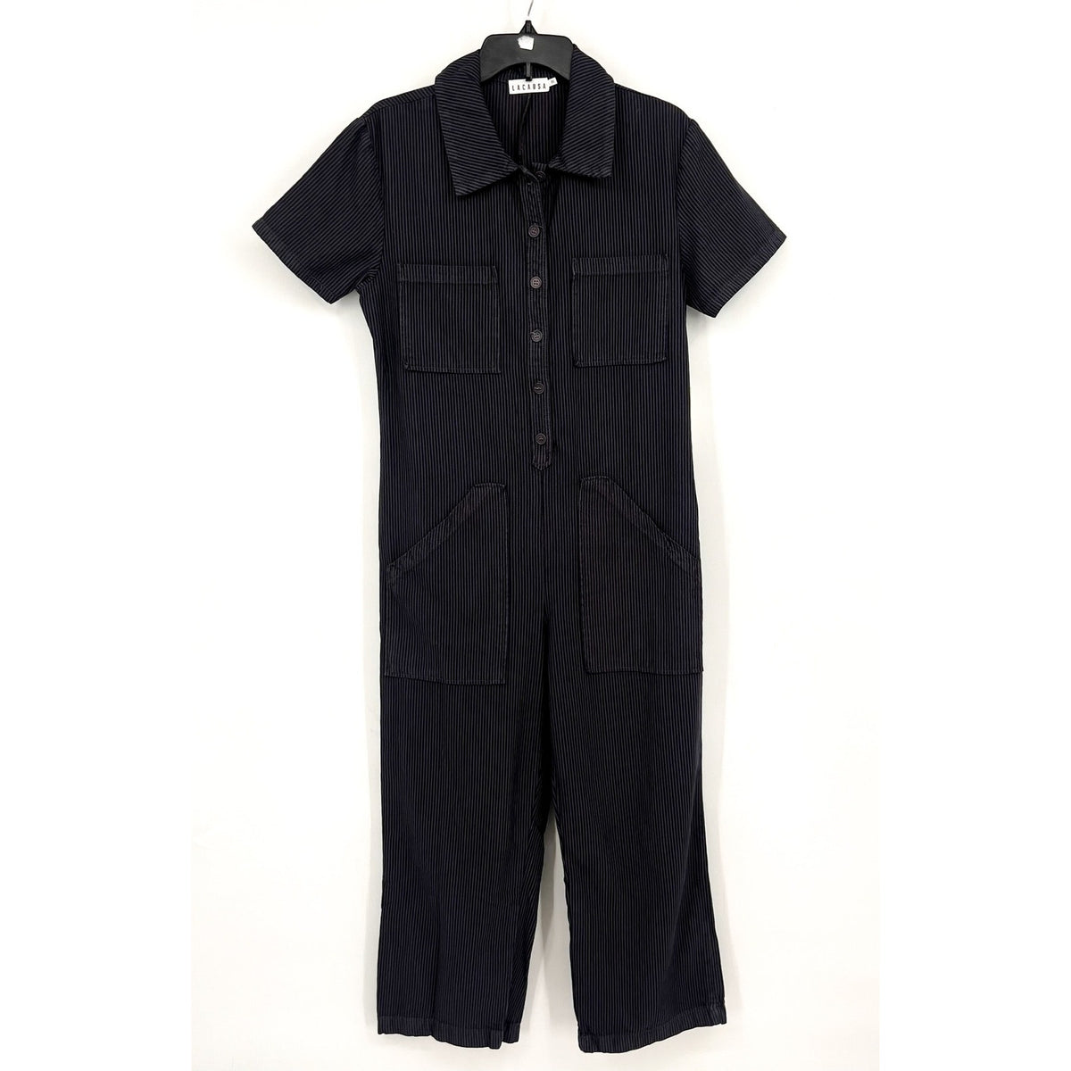 LACAUSA Womens Railroad Lucky Jumpsuit XS Dark Blue Gray Stripe Short Sleeve NWT