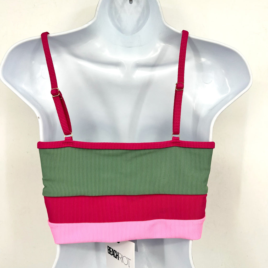 BEACH RIOT Women's Eva Bikini Top Medium Green Pink Sage Bloom Colorblock NWT