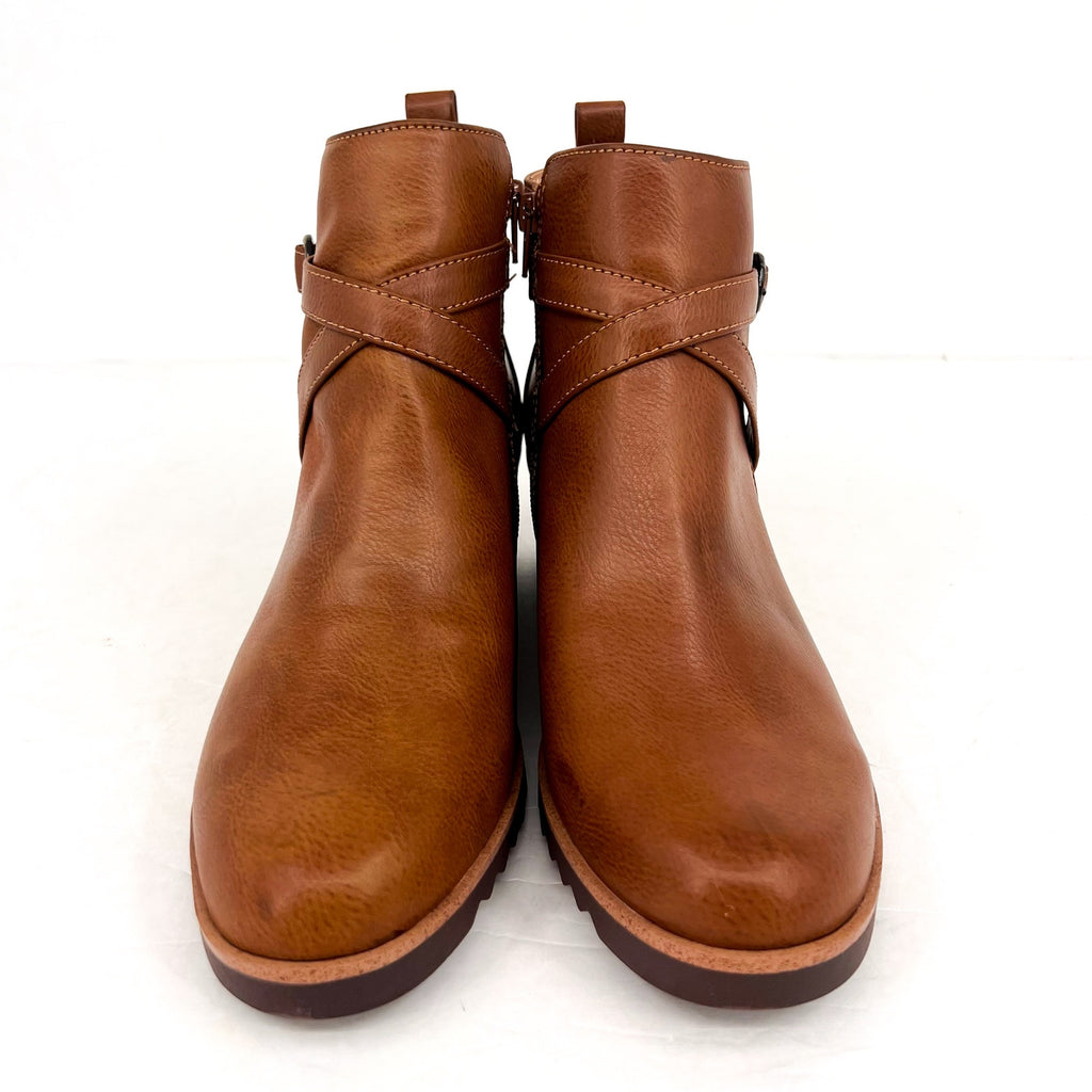 LIFESTRIDE Zinfandel Wedge Ankle Booties Size 11 Whiskey Brown Faux Leather NWOB