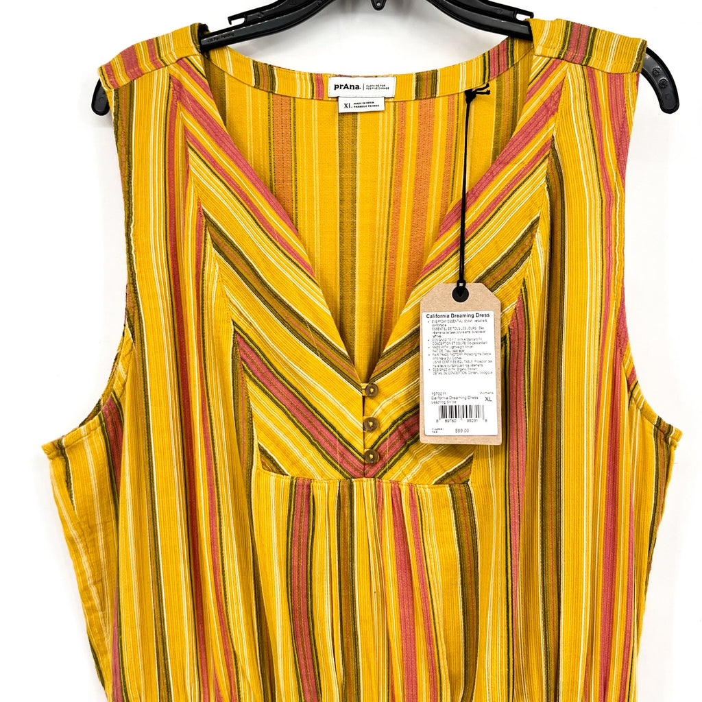 PRANA California Dreaming Midi Dress XL Yellow Stripe Sleeveless Cotton NWT