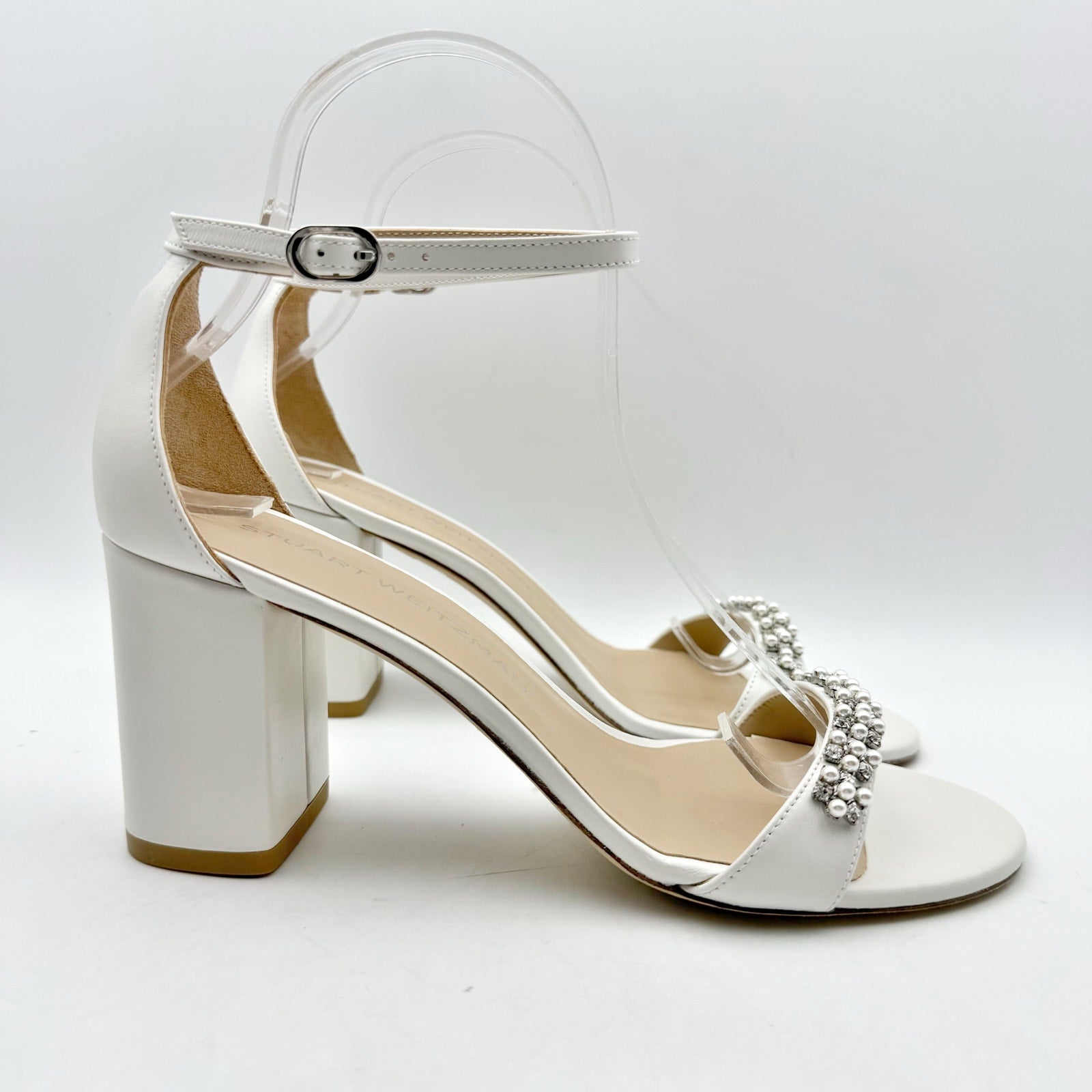 Stuart Weitzman Women Nudist Poppy 75 Block Heel Sandal US 8.5 White Leather NIB