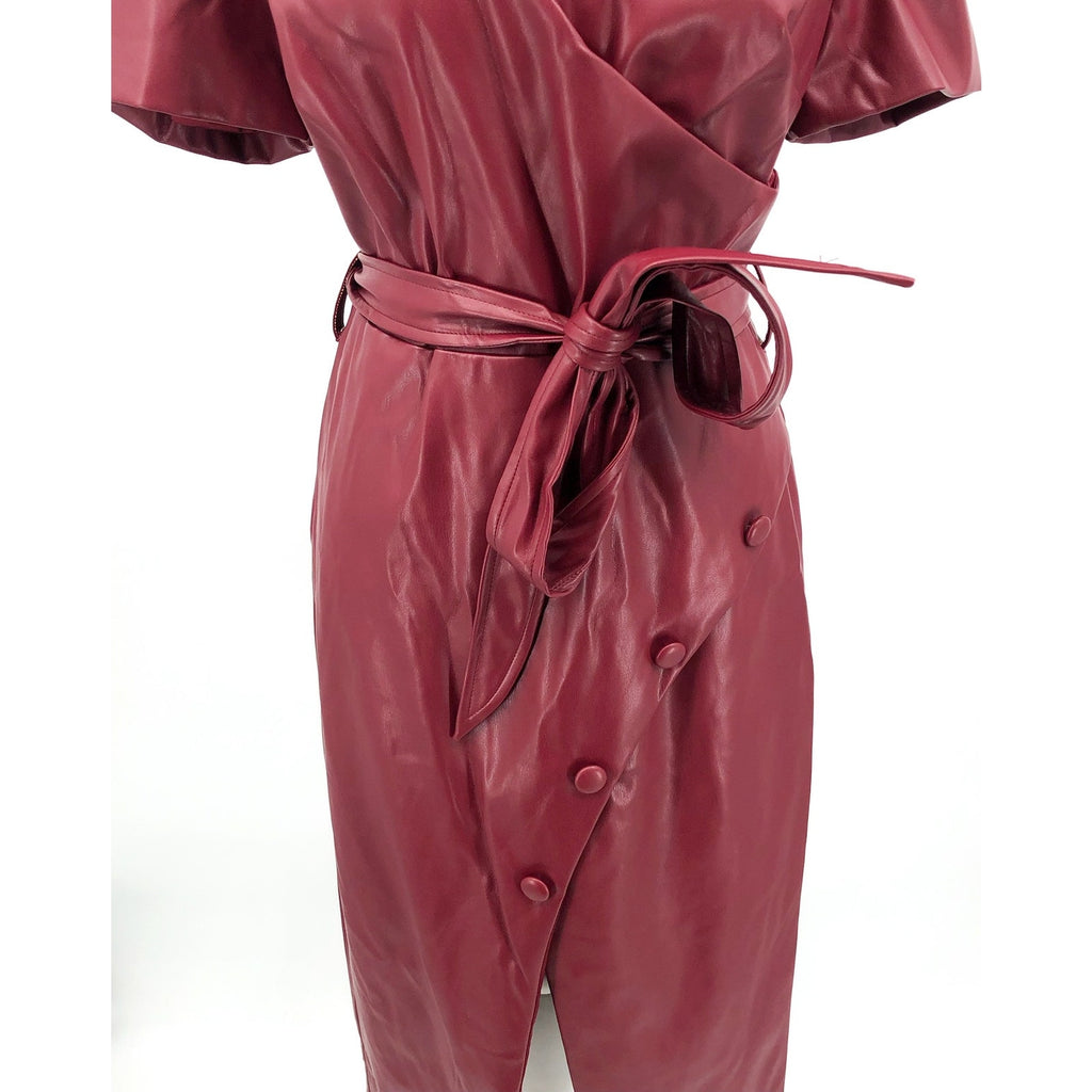 BARDOT Womens Wrap Midi Dress Large US 8 Red Burgundy Vegan Leather NWT