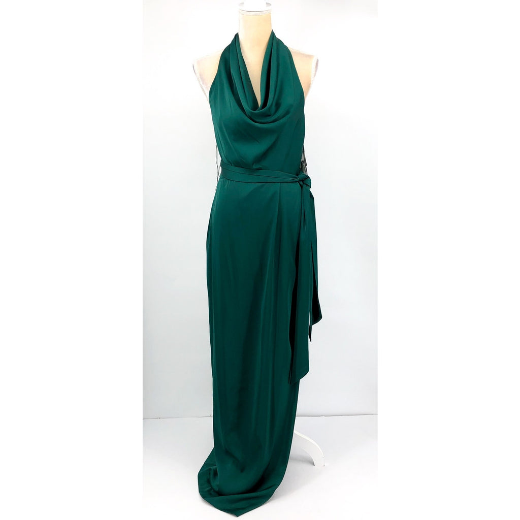 LIV FOSTER Satin Cowl Neckline Column Gown Size 10 Green Tie Waist NWT