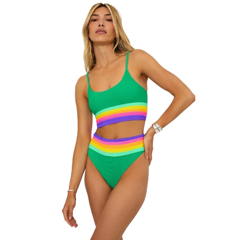 BEACH RIOT Millie Bikini Bottom Large Green Technicolor Colorblock NWT