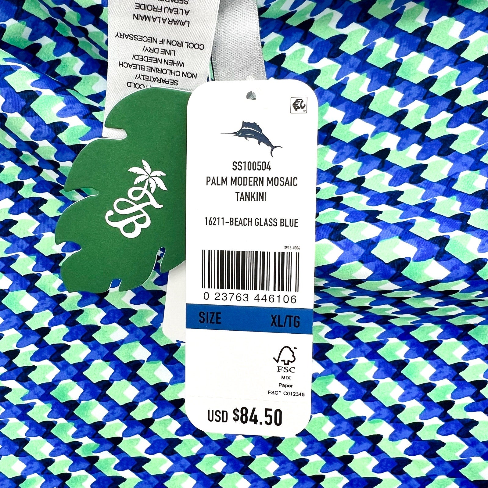 TOMMY BAHAMA Mosaic Pool Ring Tankini Top XL Beach Glass Blue Palm Modern NWT