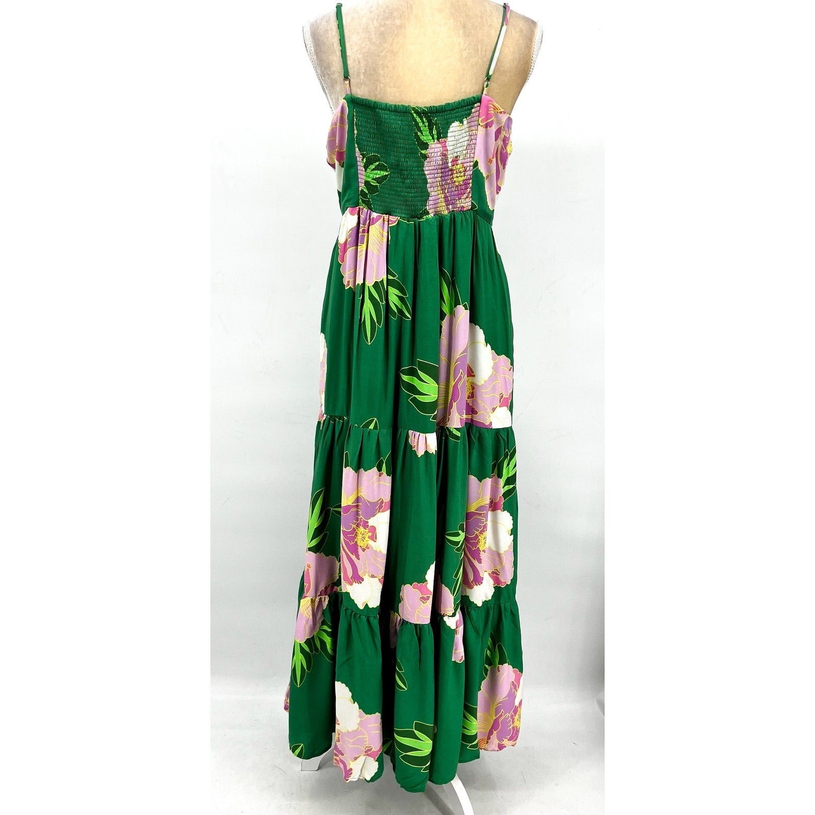 CECE Ruffle-Front Tiered Floral Maxi Dress Large Green Peony Blossom NWT