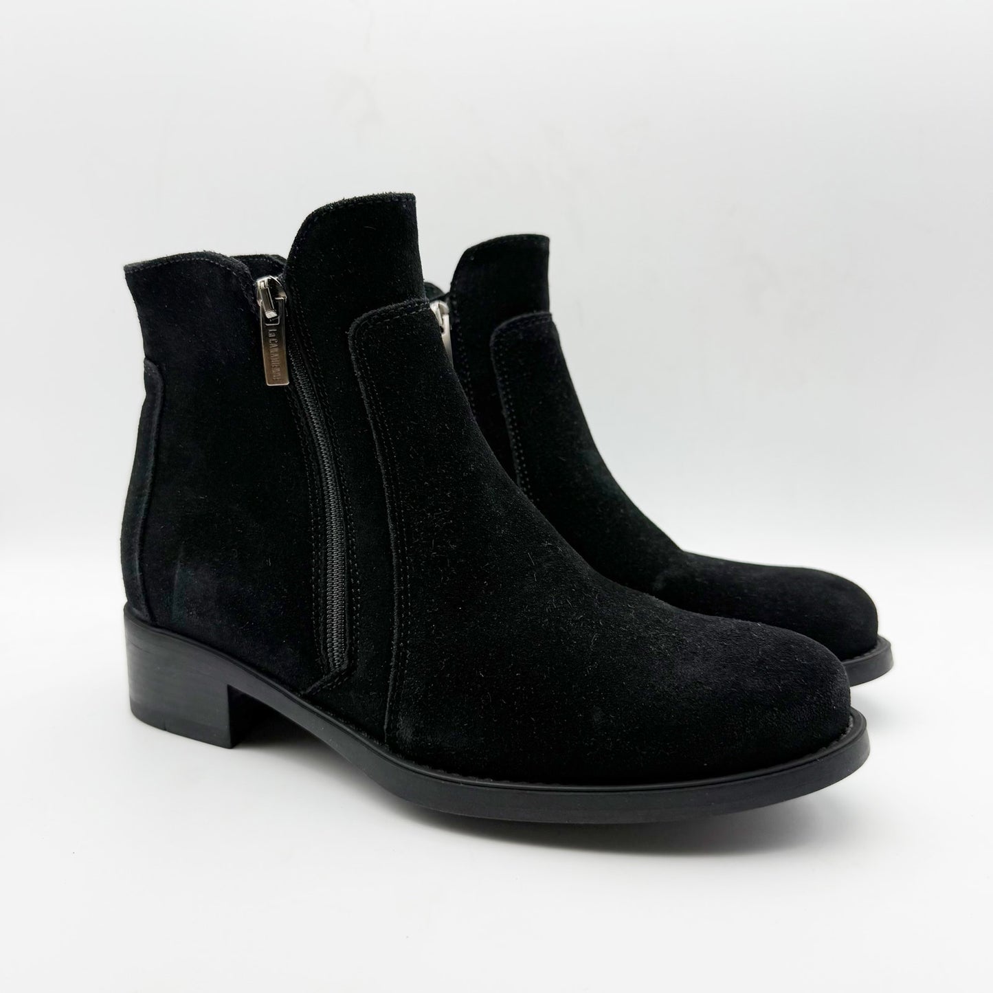 La Canadienne Womens Saria Booties US 6.5 Black Suede Waterproof Dual Zip NWOB