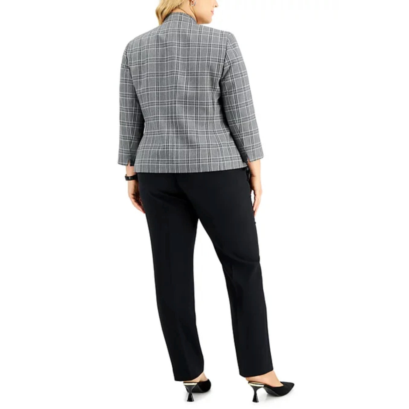 LE SUIT Womens Windowpane Plaid Suit Jacket SIZE 16 Grey Black Button Blazer NWT