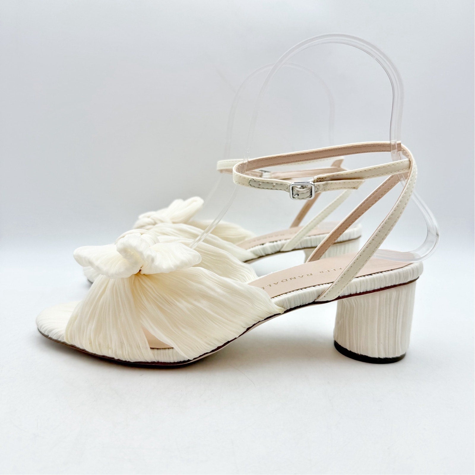 Loeffler Randall Women Dahlia Pleated Bow Heels US 6 Pearl Ivory Ankle Strap NIB