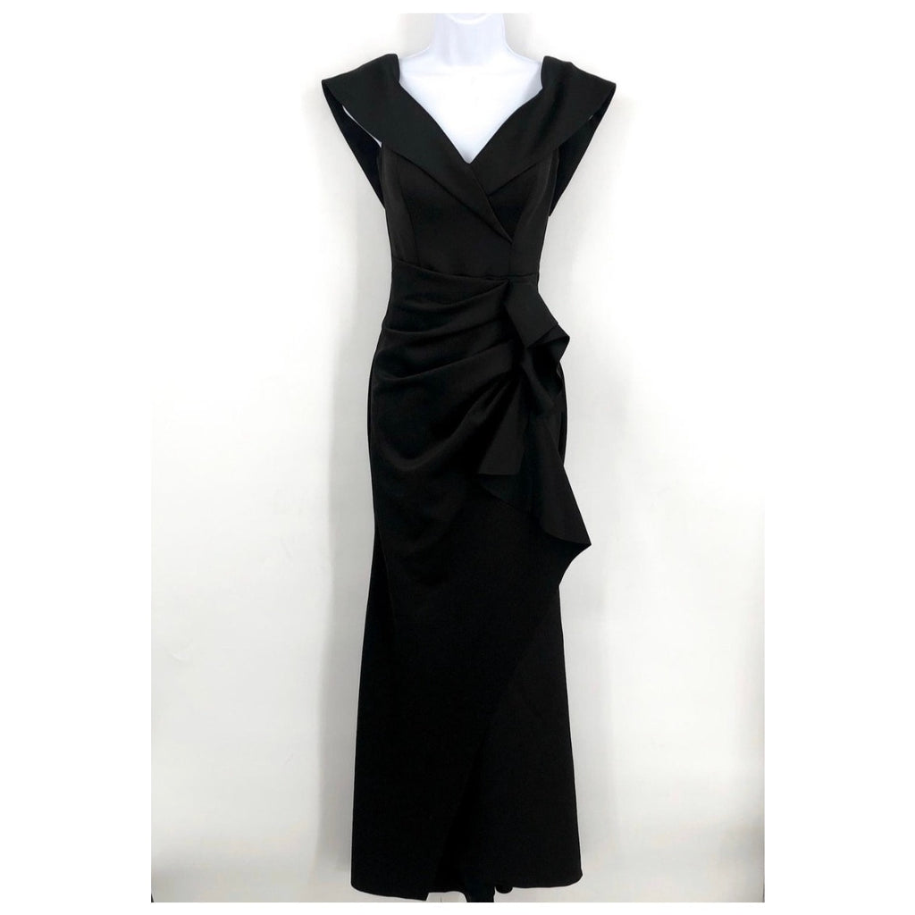 XSCAPE Women's Scuba Off The Shoulder Gown Size 4 Black Ruffle Crepe NWT