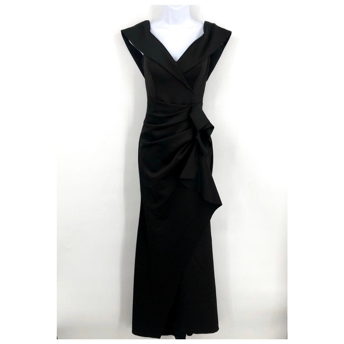 XSCAPE Women's Scuba Off The Shoulder Gown Size 4 Black Ruffle Crepe NWT