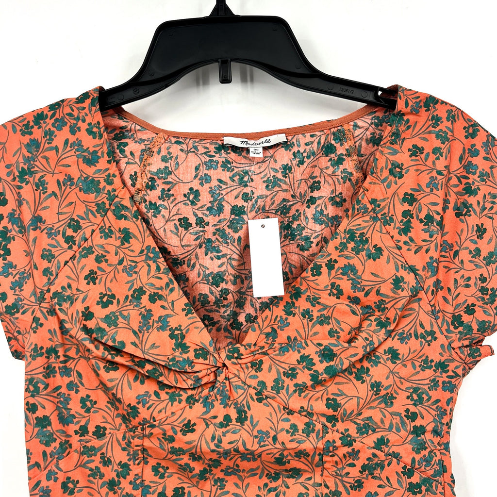 MADEWELL Womens Amari Twist Top Size 00 Orange Floral Short Sleeve NP029 NWT