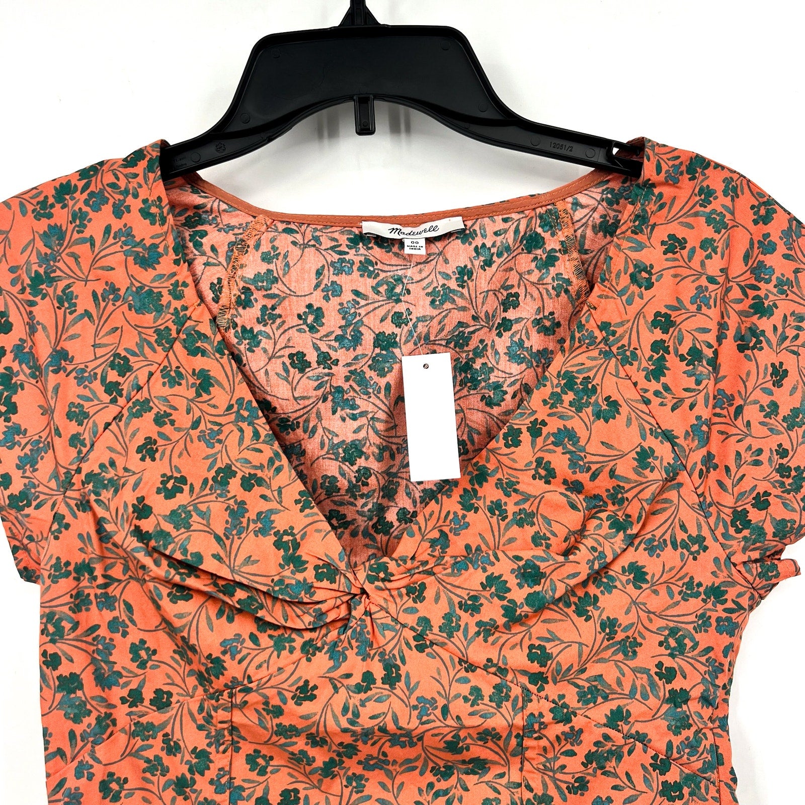 MADEWELL Womens Amari Twist Top Size 00 Orange Floral Short Sleeve NP029 NWT