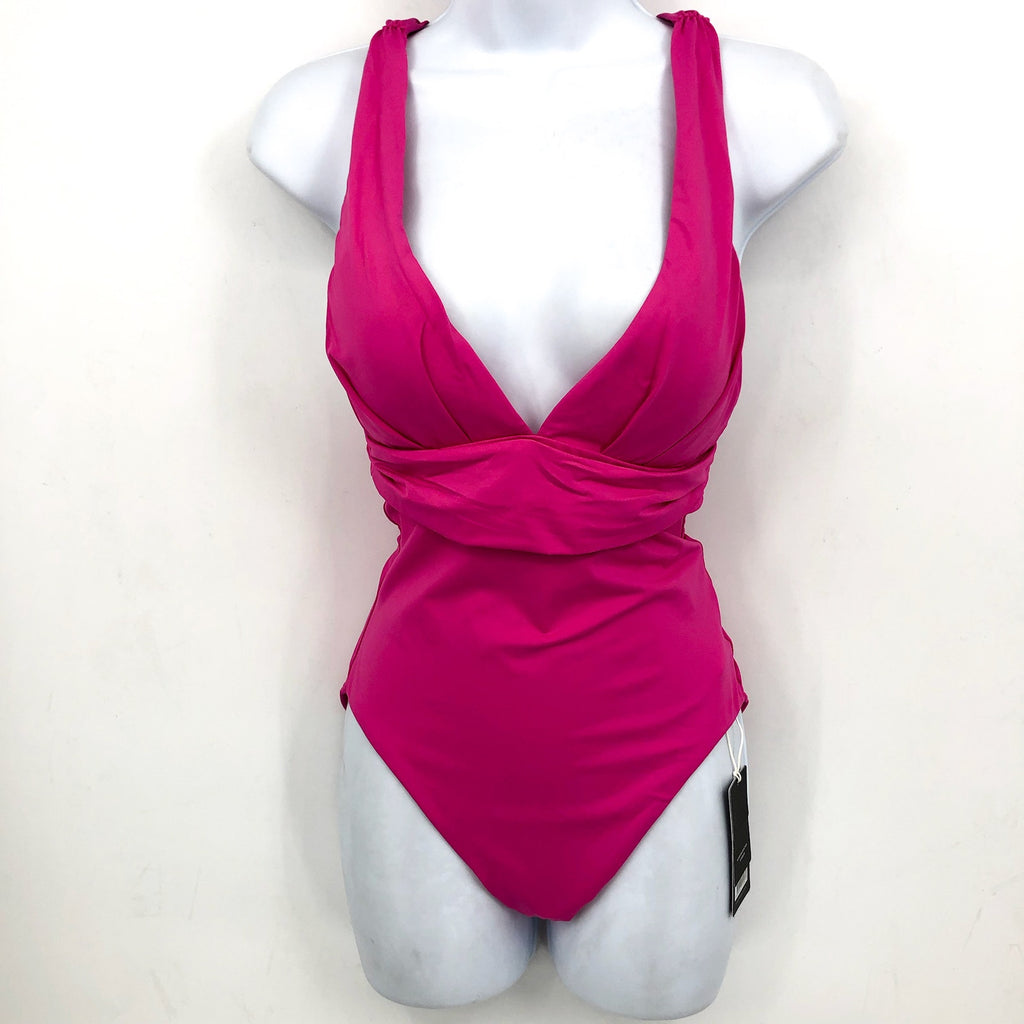 SEAFOLLY Women's Cross Back One Piece Swimsuit Size 12 Hot Pink Plunge Neck NWT