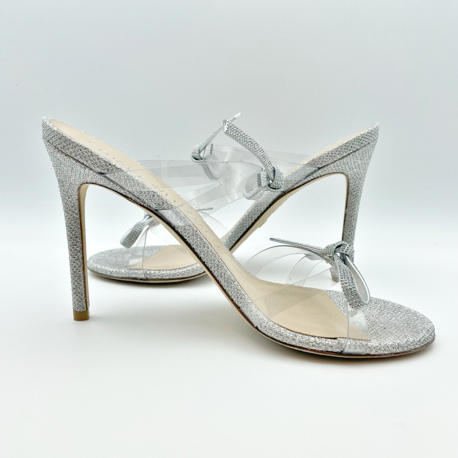 Stuart Weitzman Womens Bow 100 Slide Heel Sandals US 8 M EU 38.5 Silver NWOB