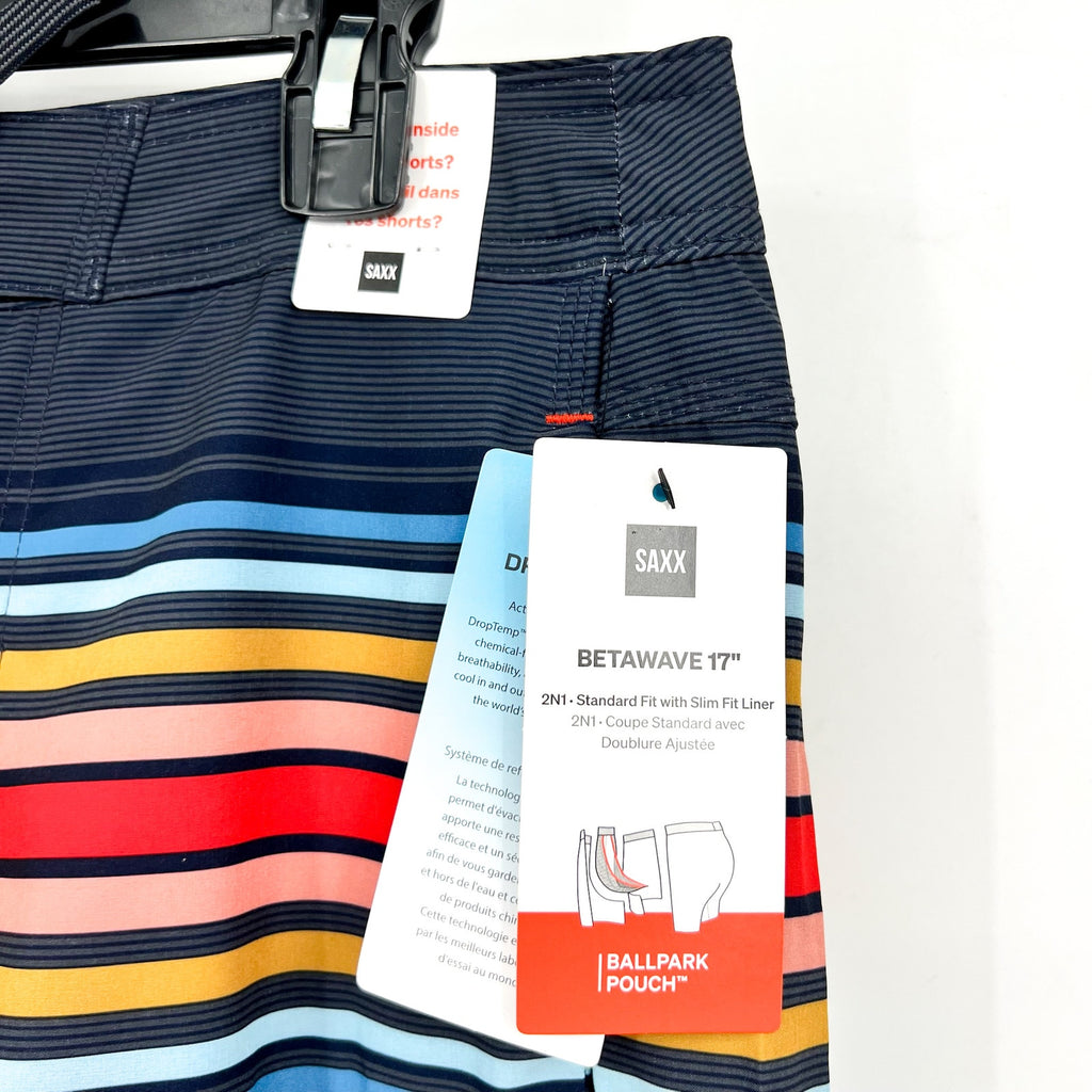 SAXX Betawave 2n1 Swim Board Shorts Size 28 Blue Stripe 7" Inseam Liner NWT