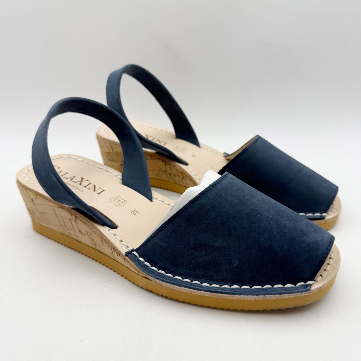 CalaXini Womens Cork Wedge Sandals EU 38 US 7.5-8 Navy Blue Suede NWOB
