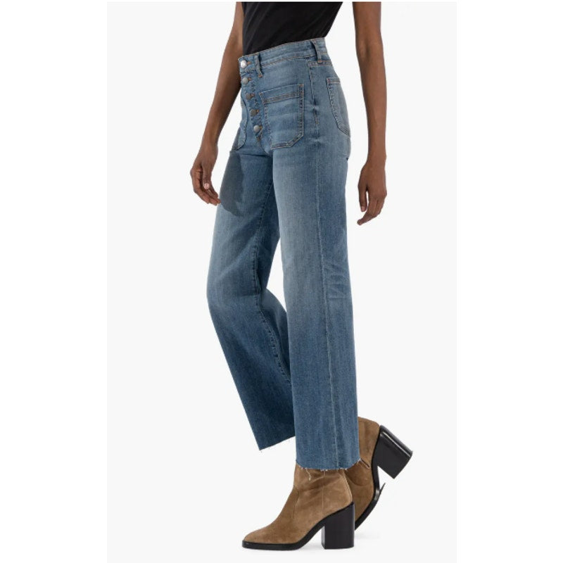 KUT FROM THE KLOTH Meg Wide Leg Jeans 00 Petite Blue Exposed Button NWT