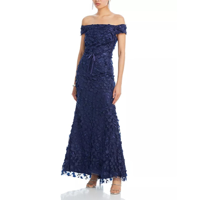 ELIZA J Women's Off The Shoulder 3D Floral Gown Size 10 Navy Blue Tie Dress NWOT