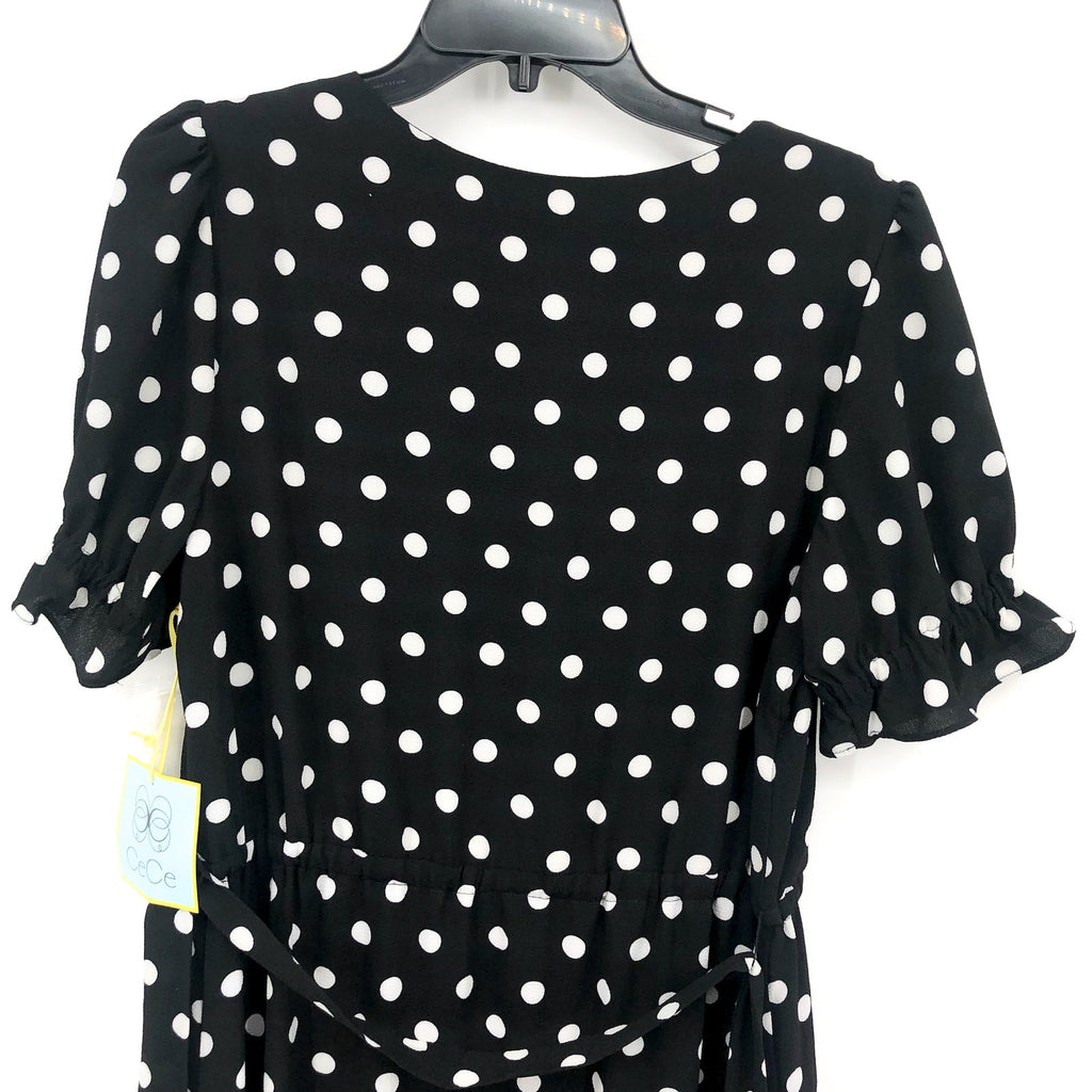 CECE Womens Polka Dot Midi Dress Size 12 Black White Tie Waist Button Front NWT