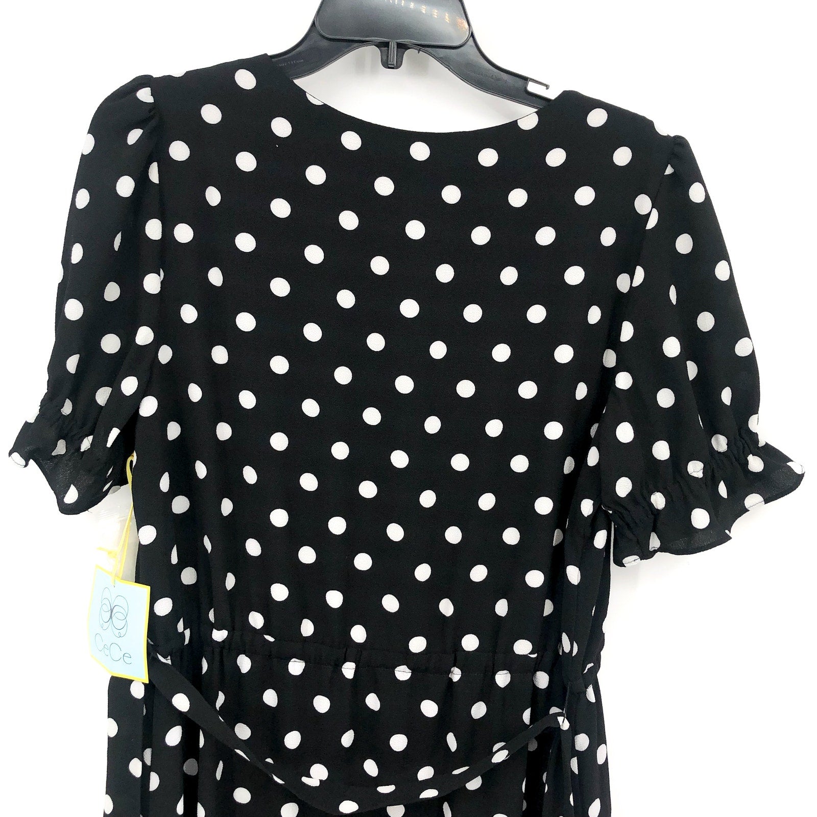CECE Womens Polka Dot Midi Dress 12 Black White Tie Waist Button Front NWT