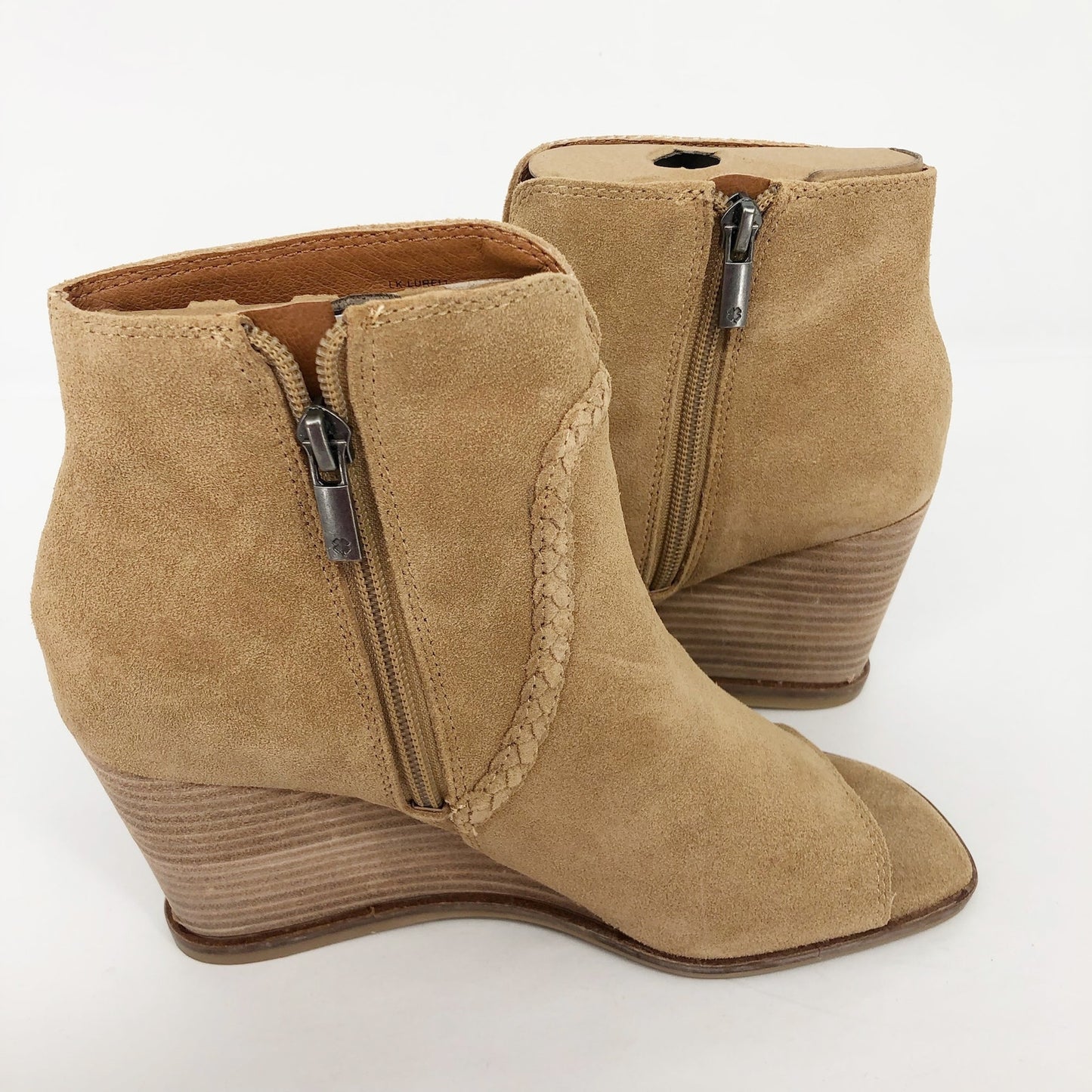 LUCKY BRAND Women's Suede Lureli Wedge Booties Size 6 Tan Peep Toe NWOB
