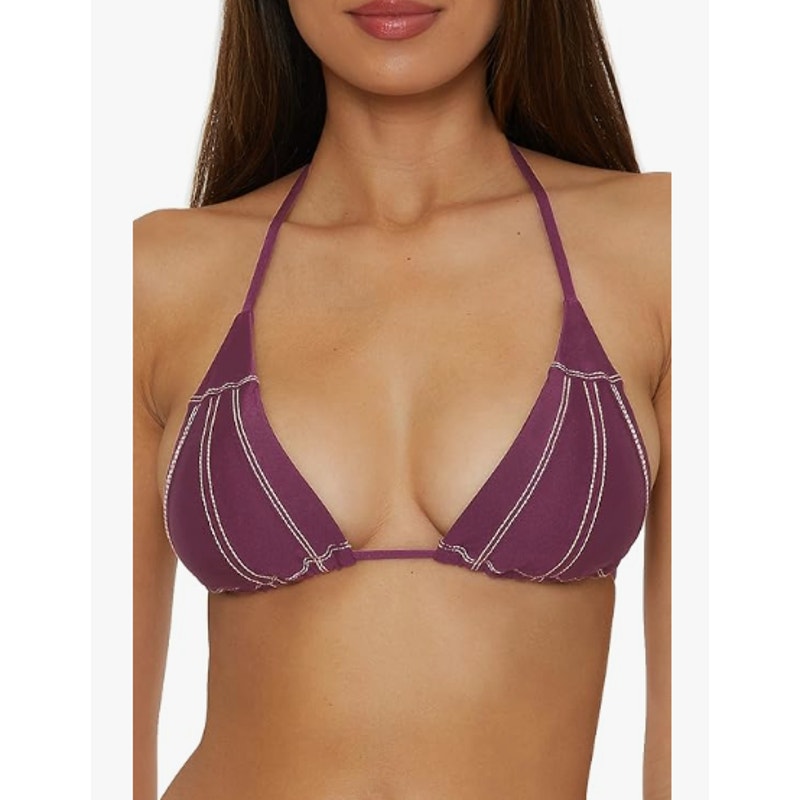 BECCA Color Sheen Contrast-Stitch Triangle Bikini Top D Cup Purple Aubergine NWT