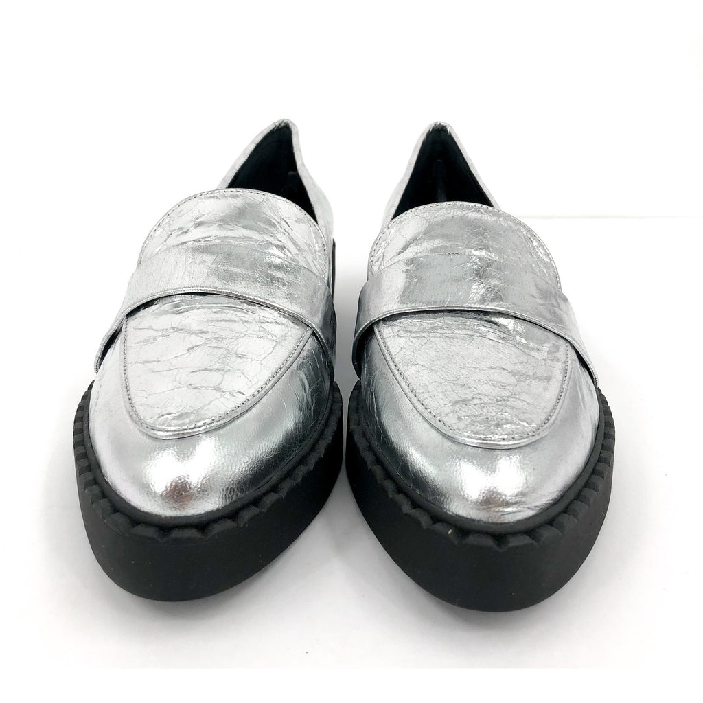 VINCE CAMUTO Womens Echika Loafer Size 8 M Silver Leather Chunky Block Heel NWOB