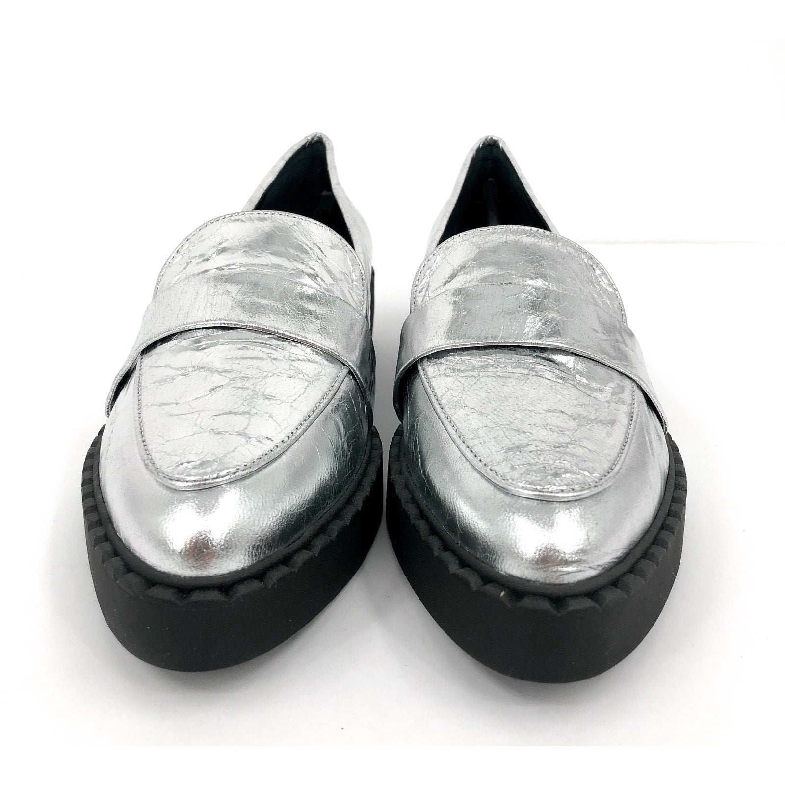 VINCE CAMUTO Women's Echika Loafer 8 M Silver Leather Chunky Block Heel NWOB