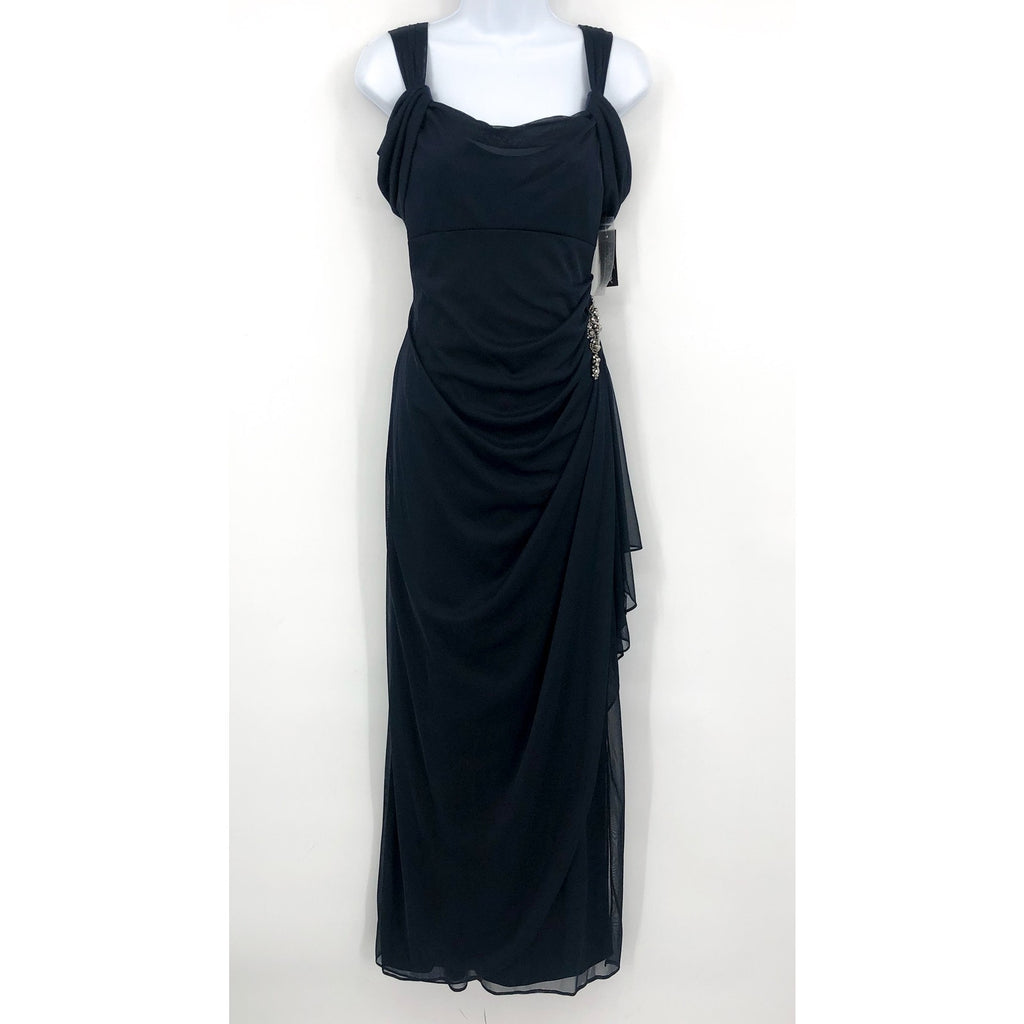 ALEX EVENINGS 132902 Grecian Gown Size 6 Navy Blue Jewel Accent Dress NWT