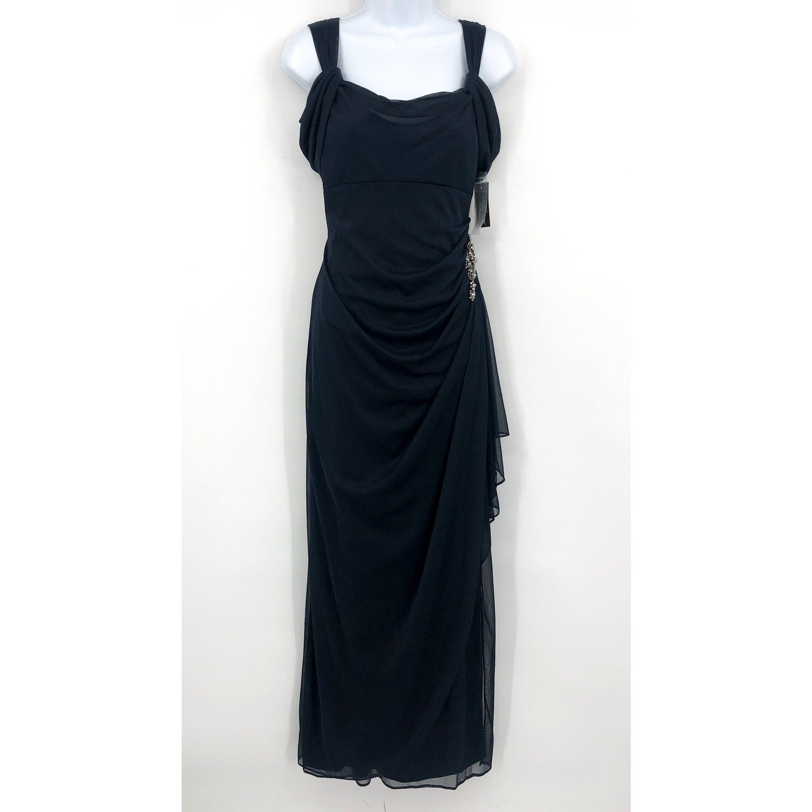 ALEX EVENINGS 132902 Grecian Gown Size 6 Navy Blue Jewel Accent Dress NWT