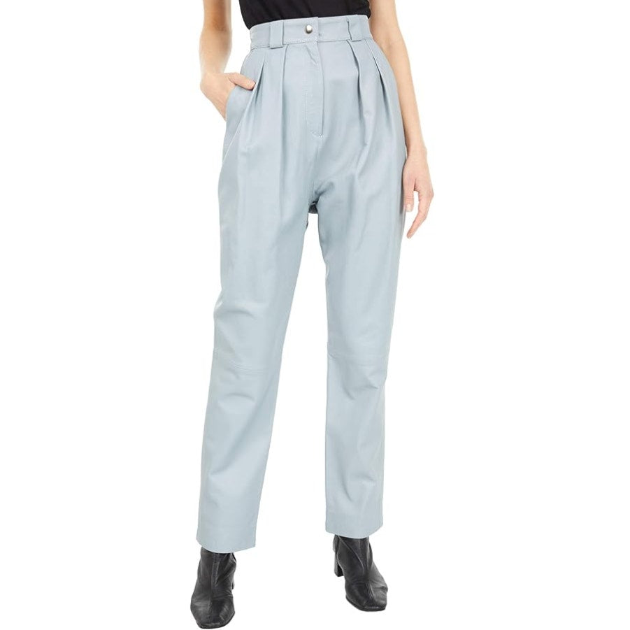 FAITH CONNEXION Women's Pleated Leather Pants FR 36 US 6 Light Green Blue NWOT