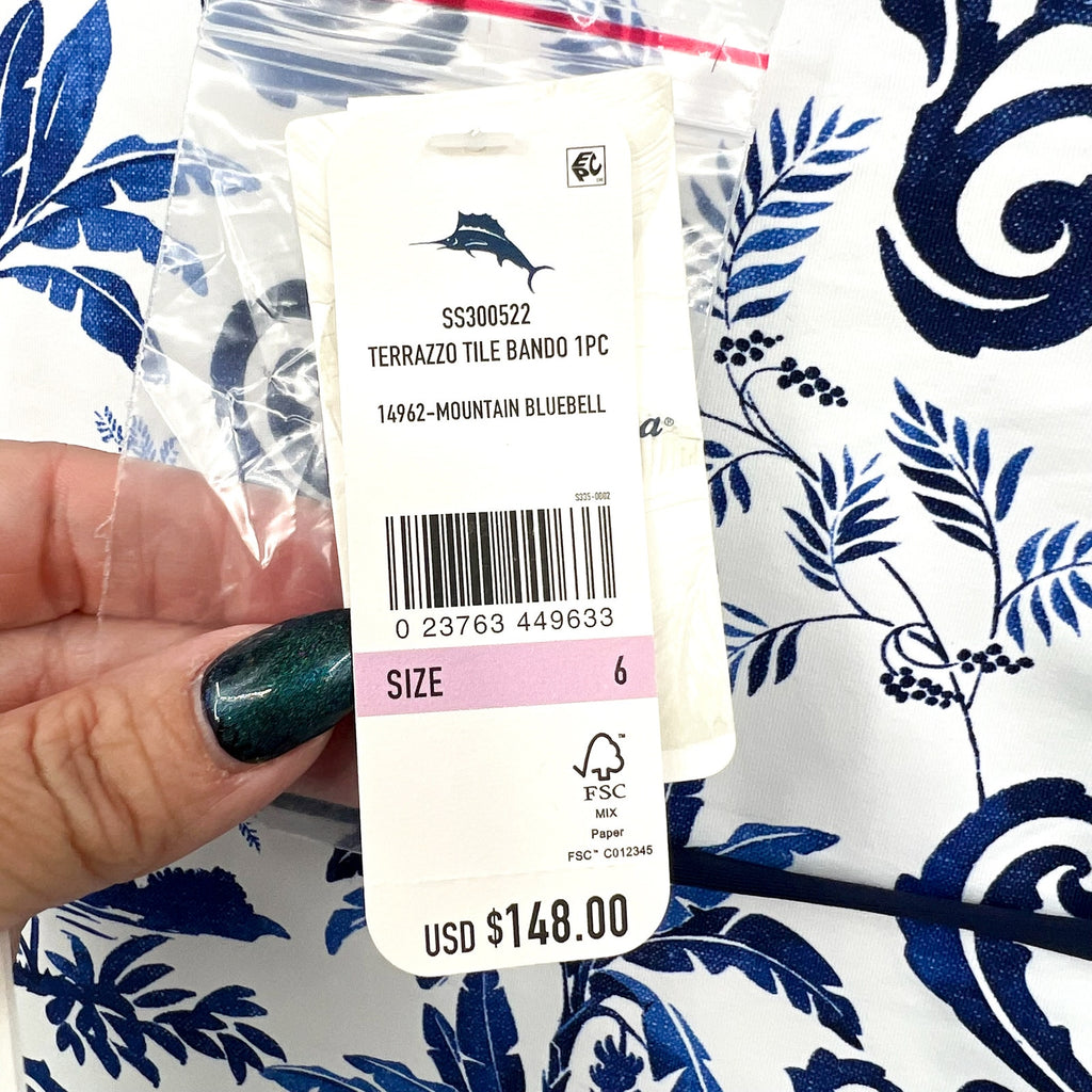 TOMMY BAHAMA Terrazzo Tile Bandeau One Piece Swimsuit Size 6 Blue Floral NWT