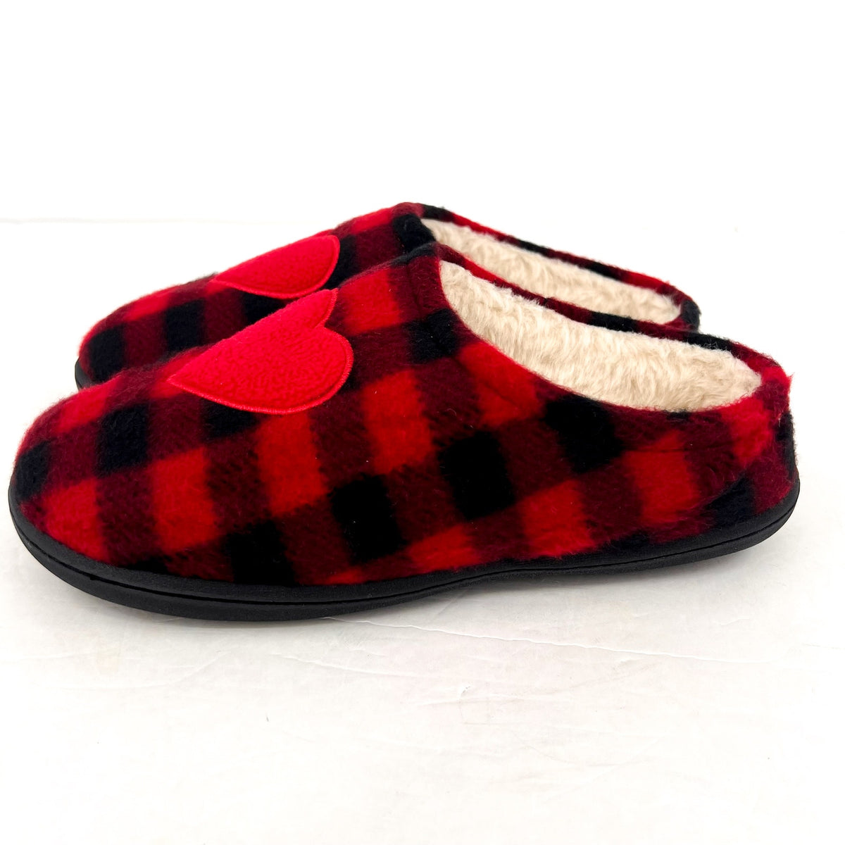 COLDWATER CREEK Women's Faux Fur Heart Slip On Clogs 10M Red Buffalo Plaid NIB