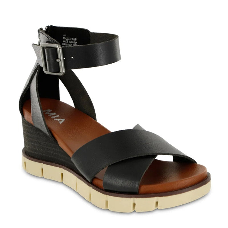 MIA Womens Lauri Platform Wedge Sandals Size 6.5 M Black Vegan Leather NWOB