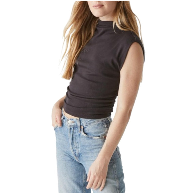 MICHAEL STARS Women's Amara Powershoulder Top Medium Black Mock Neck Ribbed NWT