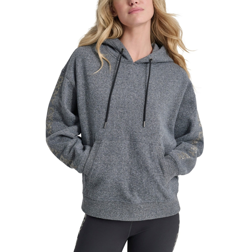 DKNY Sport Womens Hoodie Sweatshirt Small Grey Rhinestone Logo Sleeve NWT