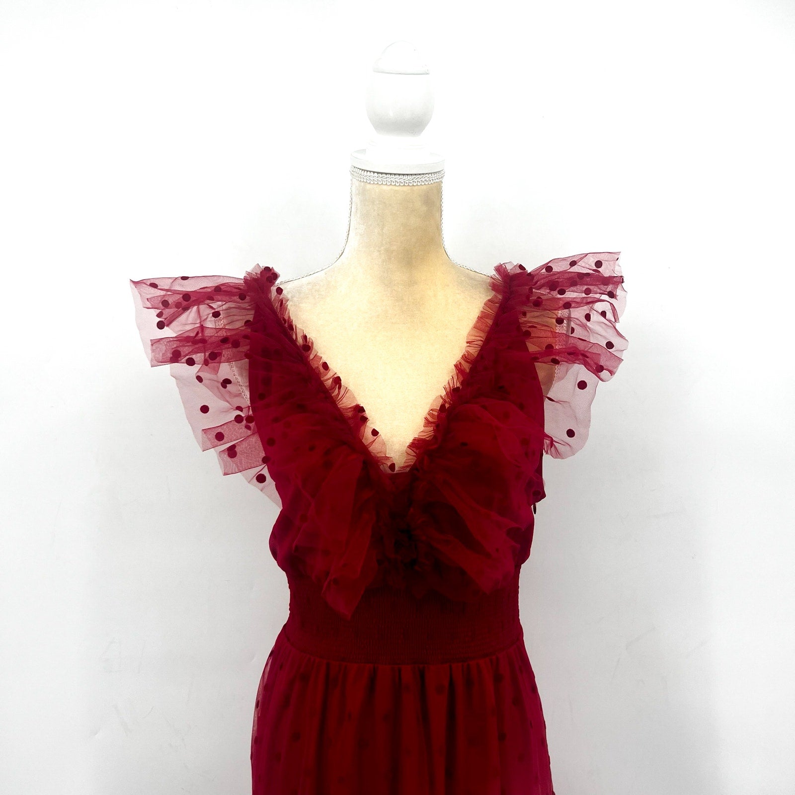 ADRIANNA PAPELL Women's Dot Tulle Ruffle Dress Size 14 Red Sleeveless NWT