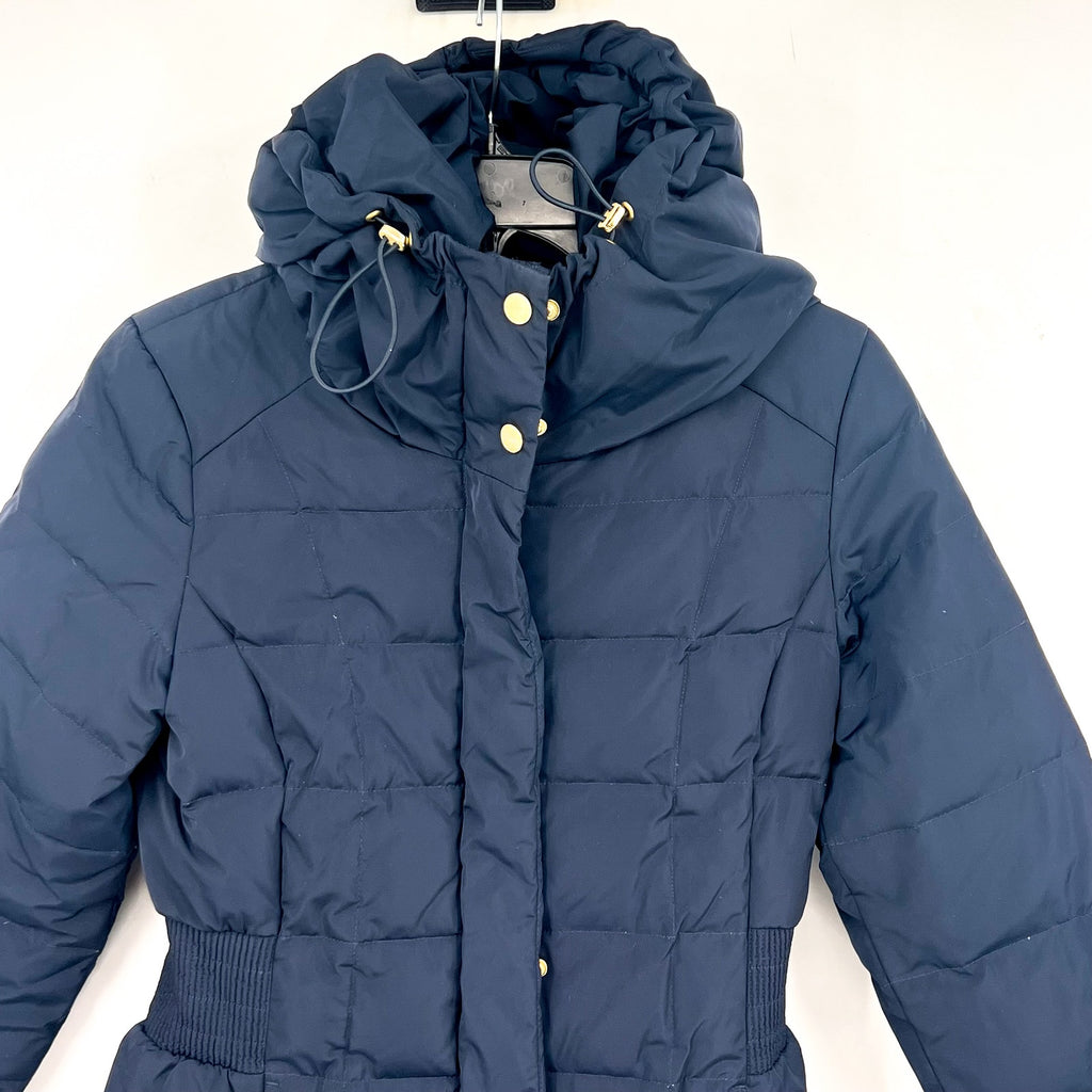 COLE HAAN Women’s Box Quilt Down Puffer Coat XS Navy Blue Hooded NWT