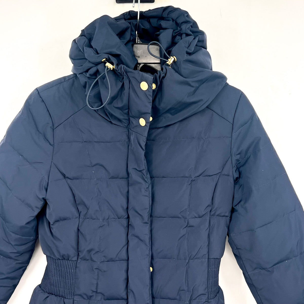 COLE HAAN Women’s Box Quilt Down Puffer Coat XS Navy Blue Hooded NWT