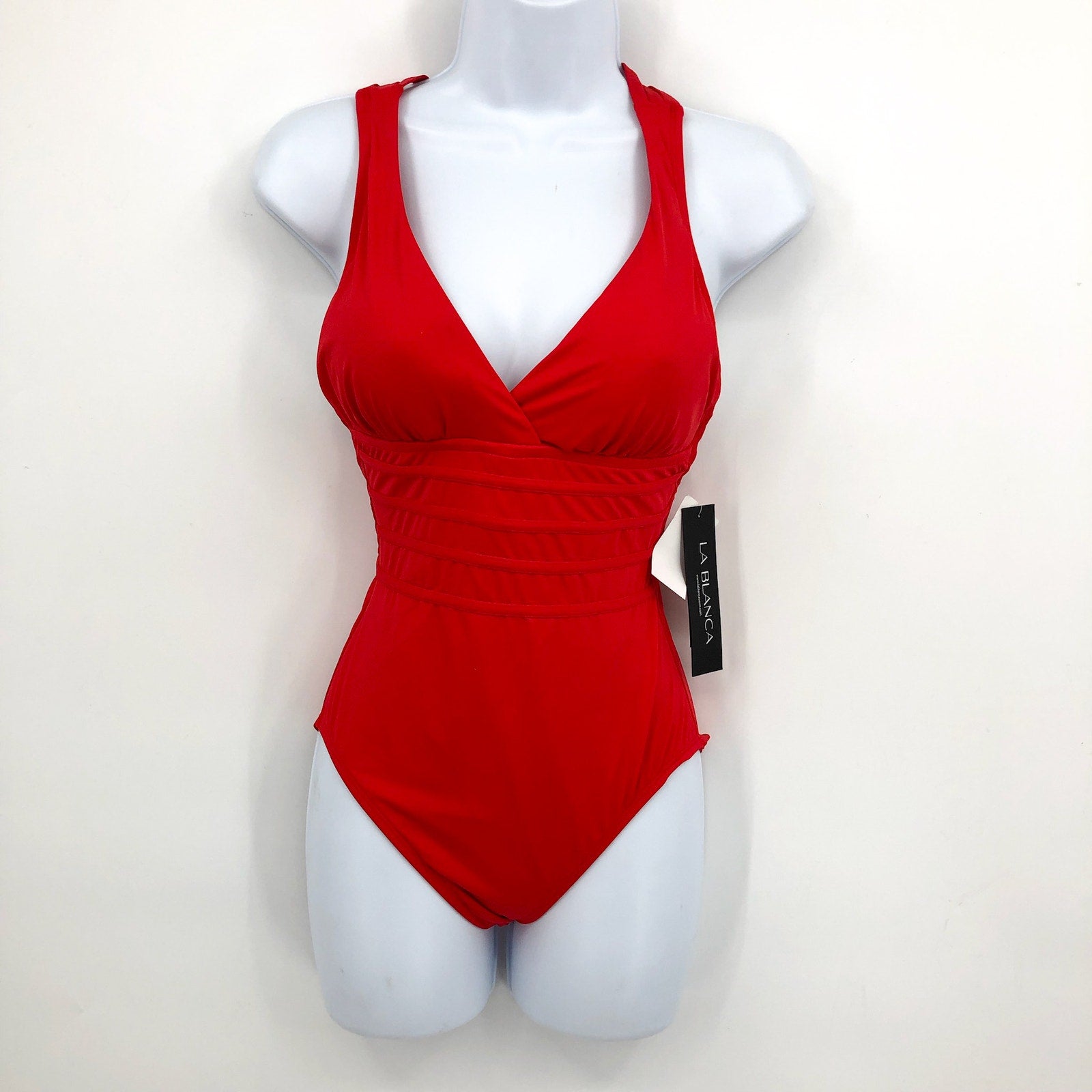 LA BLANCA Island Goddess One Piece Swimsuit Size 12 Cherry Red Cross Back NWT