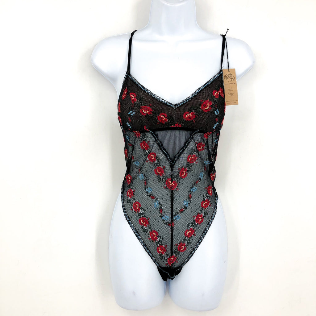 ONLY HEARTS Beatrix Chevron Bodysuit Small Black Embroidered Rose NWT