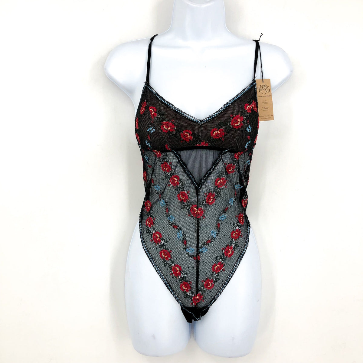 ONLY HEARTS Beatrix Chevron Bodysuit Small Black Embroidered Rose NWT