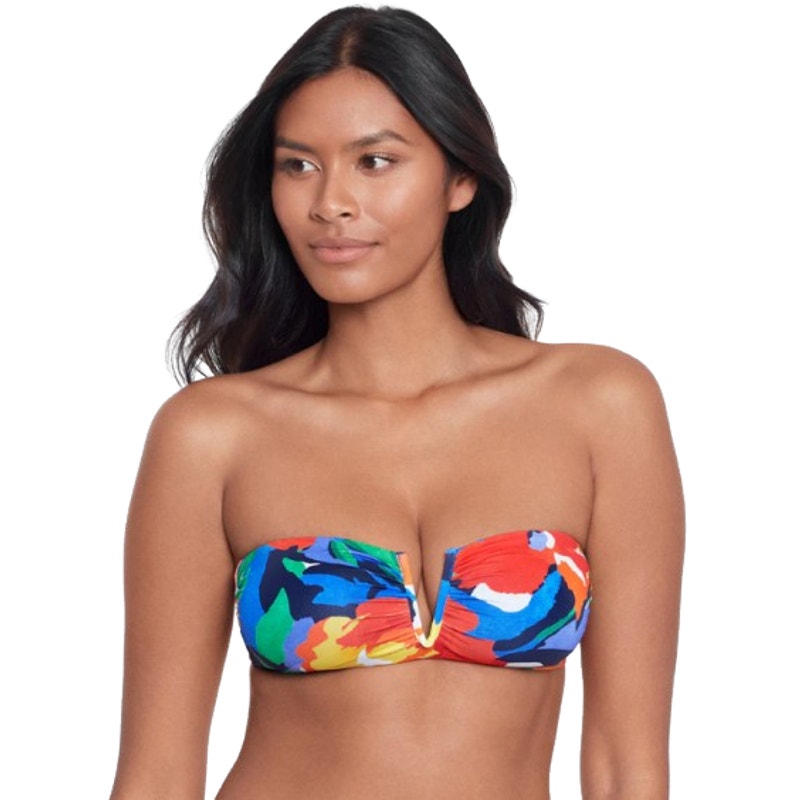 LAUREN RALPH LAUREN Floral V Wire Bandeau Bikini Top SZ 14 Red Blue Abstract NWT