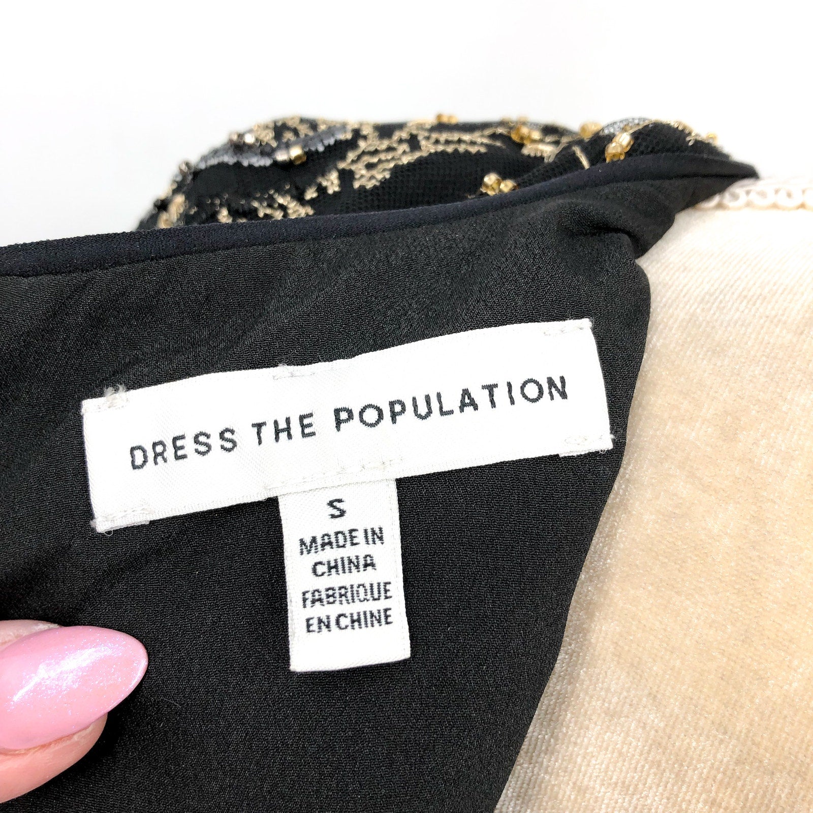 DRESS THE POPULATION Sequin Mini Dress Small Black Gold Sheer Sleeves NWOT