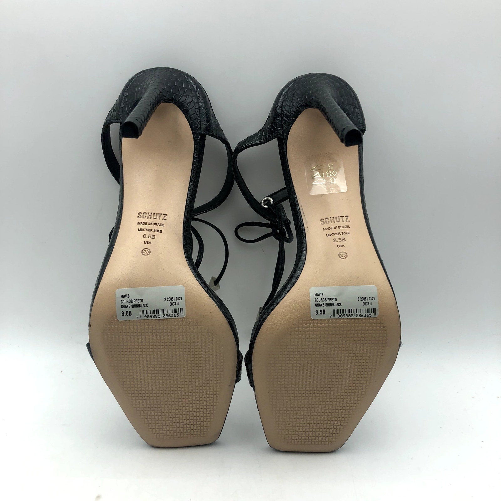 SCHUTZ Womens Mavis Heel Sandal Size 8.5 Black Snake Shine Leather NIB
