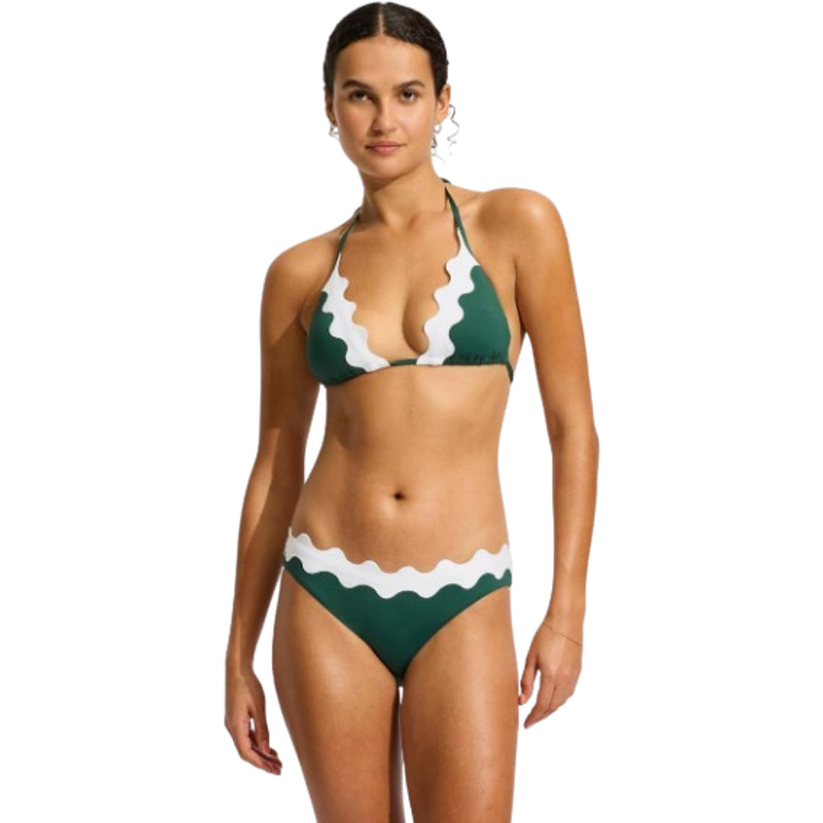 SEAFOLLY Womens Gia Ric Rac Slide Triangle Bikini Top Size 6 Green White NWT