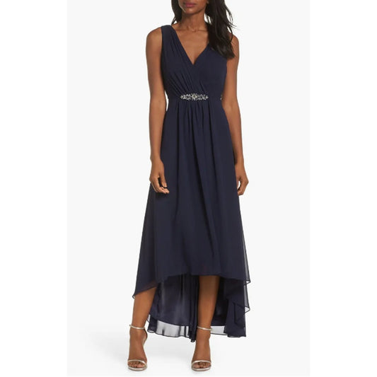 ELIZA J High Low Chiffon Long Dress Size 8 Navy Blue Embellished Sleeveless NWT