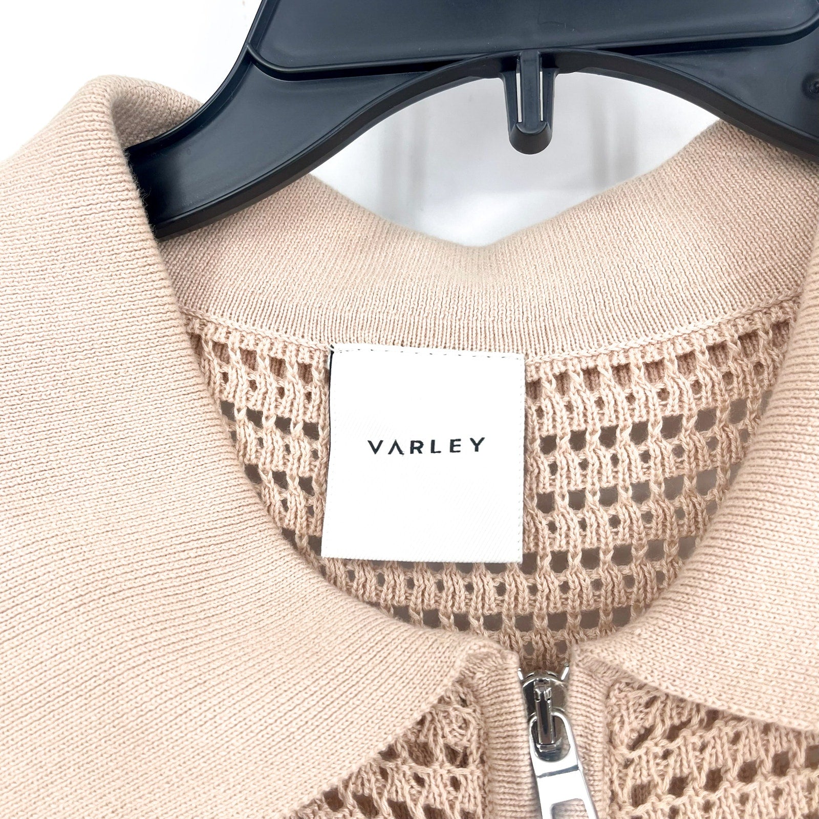 VARLEY Womens Clayton Polo Sweater Medium Beige Moonlight Knit Short Sleeve NWOT