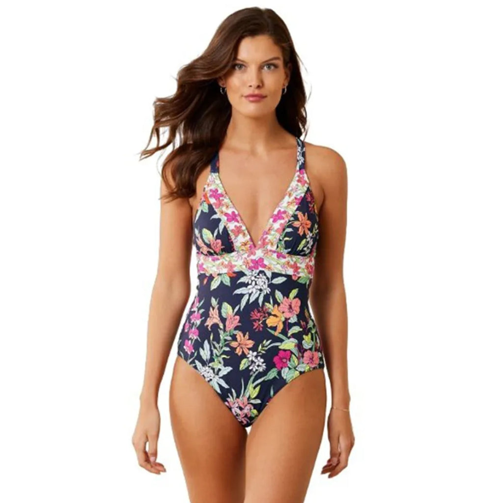 TOMMY BAHAMA Summer Floral Reversible One Piece Swimsuit Size 12 Navy Blue NWT